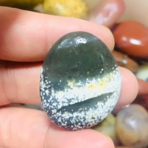 Nanjing Rain Flower Stone Dark Green Egg Shape Agate - White Speckles & Golden Horizon Natural Yuhua Pebble #260110